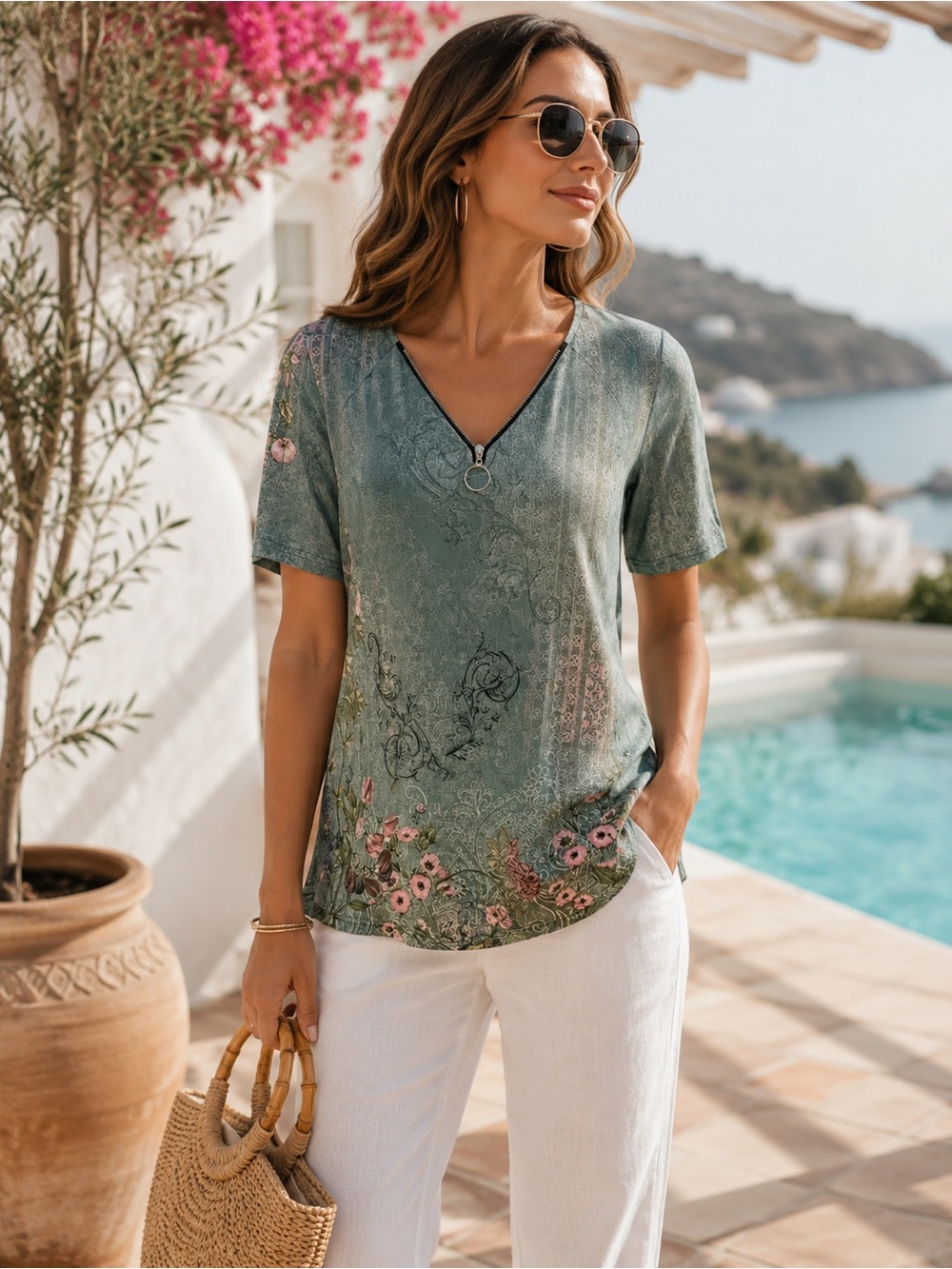 Boutique Sage Green Floral Top | Zip Neck Summer Blouse | Boho Luxe Casual Chic